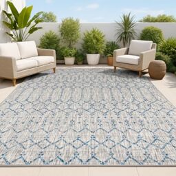JONATHAN Y SMB108A-8 Ourika Moroccan Geometric Textured Weave Indoor Outdoor Area Rug, Bohemian, Sc&inavian Easy Clean, Bedroom, Kitchen, Backyard, Patio, Non Shed, Light Gray/Navy, 240 cm X 300 cm