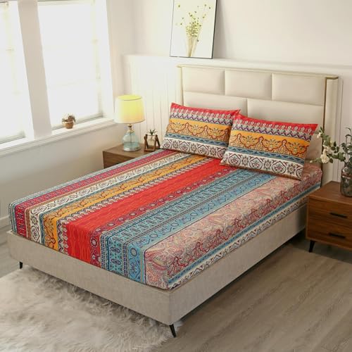 SDIII Boho Fitted Sheet Twin with 2 Pillowcase, Deep Pocket Soft Microfiber Bohemian Tribal Striped Twin Fitted Sheet All Season