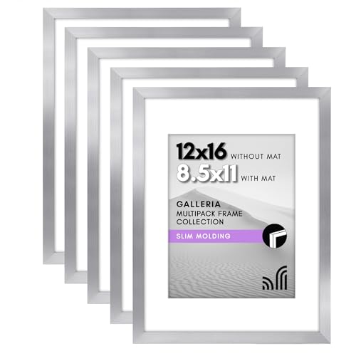 Americanflat 12x16 Picture Frame with Polished Plexiglass - Set of 5 - Use as 8.5x11 Frame with Mat or 12x16 Frame Without Mat - Galleria Collection - Gallery Wall Frame Set for Wall Display - Silver