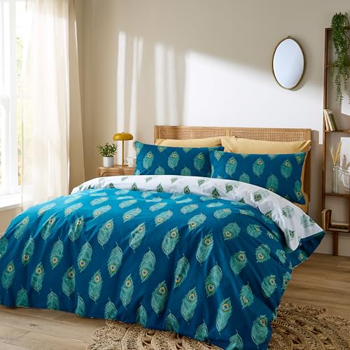 Their Nibs Peacock Feather Cotton Reversible Double Duvet Cover Set with Pillowcases Teal Green
