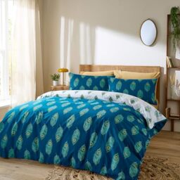 Their Nibs Peacock Feather Cotton Reversible Double Duvet Cover Set with Pillowcases Teal Green