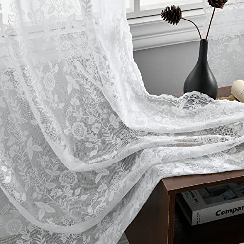 FINECITY White Lace Curtains 108 Inch Long, Vintage Country Floral Sheer Lace Curtains for Bedroom, Rod Pocket Privacy Scalloped Sheer Window Curtain, 52 x 108 Inch, 2 Panels, White