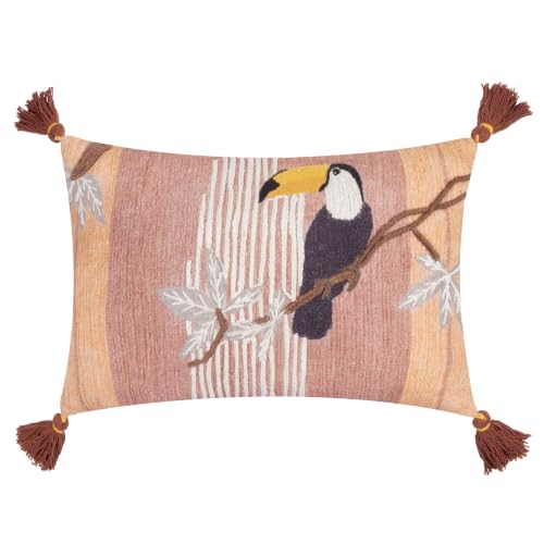Wylder Tree Toucan Polyester Filled Cushion (Natural - 30x50cm) - Bird Embroidered Woven Textured Corner Tassels Plain Reverse Decorative Pillow