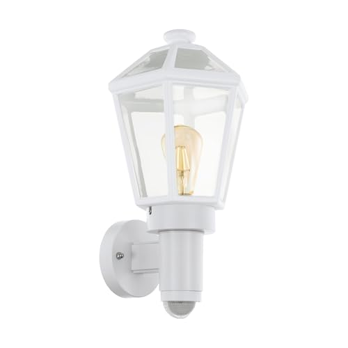 Eglo Wall Lamp Outdoor Monselice, Lantern Wall Light, Exterior Light with Motion Detector and Day-Night Sensor, White Plastic, White and Clear Glass, E27 Socket, IP44