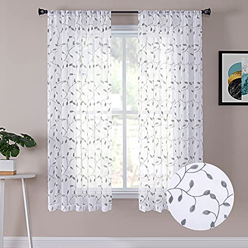 Tollpiz Leaves Short Sheer Curtains Grey Leaf Embroidery Bedroom Curtain Rod Pocket Voile Faux Linen Embroidered Leaves Curtains for Living Room, 54 x 45 inches Long, Set of 2 Panels