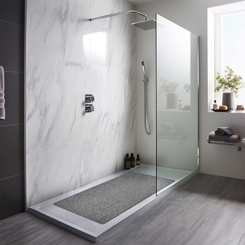 Nicoman Loofah Shower Mat, Non Slip PVC Spaghetti Mat for Wet Area Inside Shower, Super Comfy Soft Matt, Quick Dry, Bacteria & Mould Resistant, Curved Edge, Rectangular, Long, 100x40cm