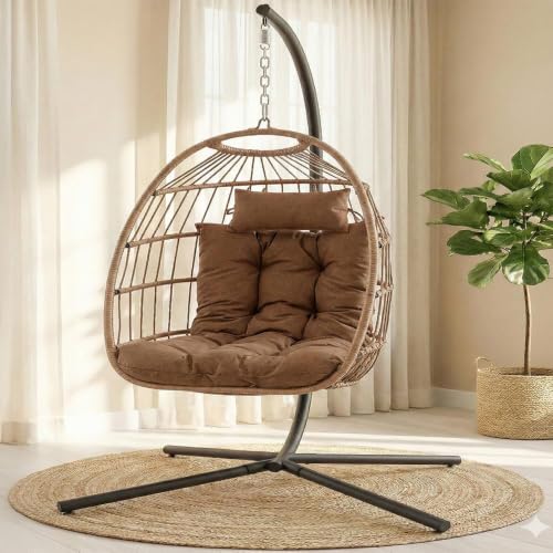 SereneLife Hanging Egg Chair with Stand - Wicker Rattan Outdoor Swing Chair, Powder-Coated Steel Frame, Padded Cushion & Headrest - Ideal Swinging Chair for Bedroom, Patio, Backyard - 350 lbs Load