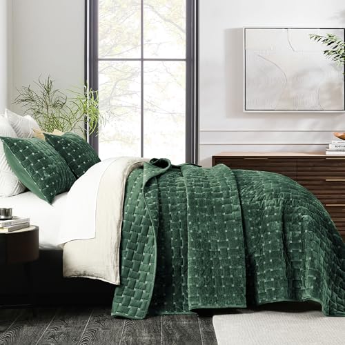 "Grassix Luxury Velvet Quilt Set Queen Size, 3 Pieces Lightweight Velvet Comforter with Pillow Shams, Geometric Quilted Bedspread Coverlet Bedding Set for All Seasons, Dark Green, 90""x96"""