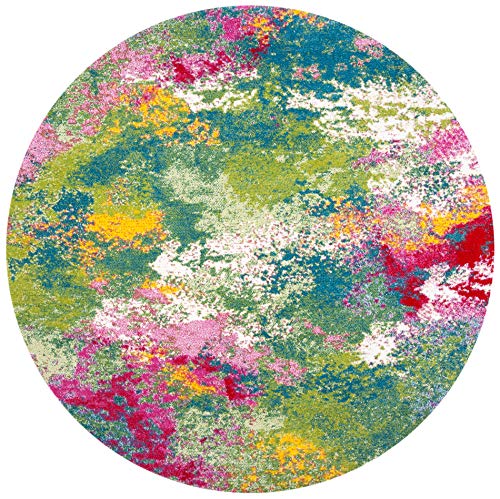 Safavieh Abstract Rug for Living Room, Dining Room, Bedroom - Watercolor Collection, Short Pile, Green and Fuchsia, 91 x 91 cm