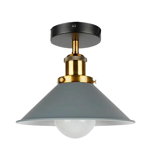 LEDSone Vintage Flush Mount Ceiling Lamp Metal E27 Fitting 22cm Grey Cone Shade Lighting Fixtures for Living Room Bedroom Hallway with Bulb
