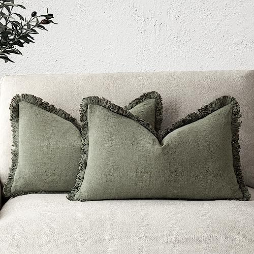 Foindtower Set of 2 Decorative Linen Fringe Lumbar Throw Pillow Covers Boho Farmhouse Cushion Cover with Tassels Soft Accent Pillowcase for Couch Sofa Bed Living Room Home Decor,12×20 Inch,Olive Green