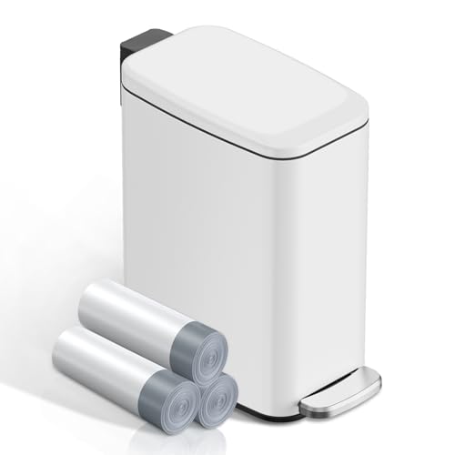 KSSKSS Small Bathroom Trash Can with Lid Soft Close, Step Pedal, 6L / 1.6 Gal Stainless Steel Garbage Bin with Removable Inner Bucket, Slim Wastebasket for Narrow Spaces (White)