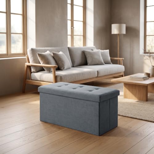 GC GAVENO CAVAILIA Linen Large Ottoman Storage Box With Lids, Grey - Fabric Padded Seat Ottoman Storage Bench Toy Chest - Folding Foot Stool For Hallway Living Room, Bedroom, 76x38x38cm