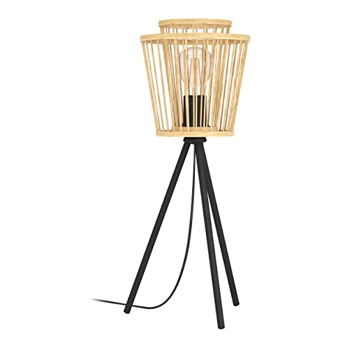 Eglo Tripod Bedside lamp Hykeham, Boho Style Side Table Light, Decorative Living Room and Bedroom Lighting Made of Natural Bamboo Black Metal, E27 Socket