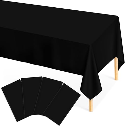 Mulbozy Plastic Table Cloth Disposable 4 Pack, 54 x 108 Inch Black Tablecloth for Rectangle Tables, Black Plastic Cover for Picnic, Camping and Outdoor, Party Decoration