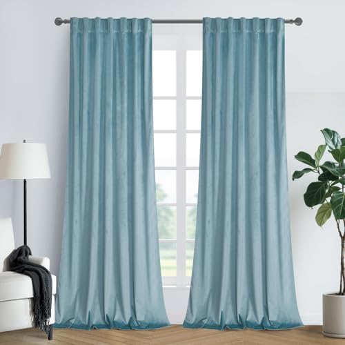 Roslynwood Luxury Soft Eggshell Blue Velvet Curtains 90 inches Long Back Tab Thermal Insulated Blackout Window Drapes for Living Room/Bedroom/Dining Room, W52 x L90, 2 Panels