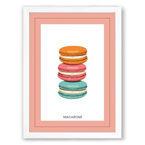 Stacked Macarons Modern Framed Wall Art Print A4 (29.7×21cm) White, Wall Decor for Living Room, Bedroom, Office & Home, Ready to Hang, Art Gift
