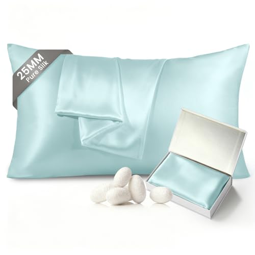THXSILK Mulberry Silk Pillowcase for Hair and Skin with Hidden Zipper, 25 Momme Pure Mulberry Silk Both Side, Natural Silk Pillowcase(20inch x 40inch, California King Size, Light Blue, 1pc)