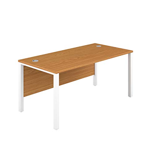 Office Hippo Heavy Duty Rectangular Goalpost Desk, Integrated Cable Ports, PC Desk For Office or Home, 5 Yr Wty, MFC - Oak Top, White Legs, 180cm x 80cm
