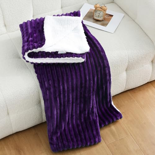 Purple Sherpa Fleece Throw Blanket 50?????60??? for Couch Sofa Bed,Super Soft Cozy Plush Double Side Thick Flannel Blanket with Striped Design Lightweight for Adults,Woman,Girls