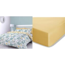 Catherine Lansfield Inga Leaf Reversible Double Duvet Cover Set with Pillowcases Teal Green & Easy Iron Percale Combed Double Fitted Sheet Ochre Yellow
