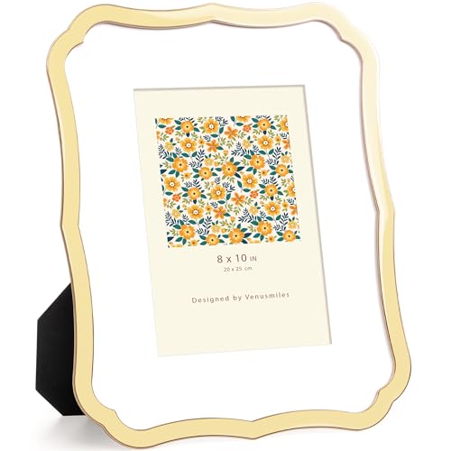 Venusmiles 8x10 Enamel Picture Frame with Mat to 5x7, Wavy Cloud Border, Gold Metal Edge Easel, Real Glass Photo Frame for Wall and Tabletop Display Family Office Photo Gallery, Yellow Enamel/1pc