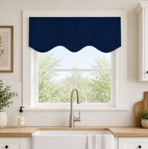 Aquazolax Window Scalloped Valances for Kitchen Blackout Decorative Scalloped Valance Curtain, 52inch x 18inch, Navy Blue, Single Panel