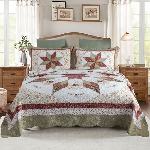 YAYIDAY Oversized Queen Bedspreads Patchwork Quilt Set (110x118 Inch) - 100% Cotton Reversible Breathable Red Star Geometric Quilted Coverlet with Pillow Shams Fit All Seasons