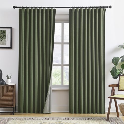 RAIN CITY Dark Olive Green Blackout Curtains Linen 80 Inches Long 2 Panels Set, Back Tab Pleated Look Thermal Insulated Curtains & Drapes for Living Room - Loden/Olive Forest W50 x L80
