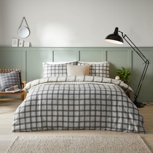 furn. Canberra Check Printed Duvet Cover Set - Reversible Minimalist Square Check Bedding (Neutral - Super King)