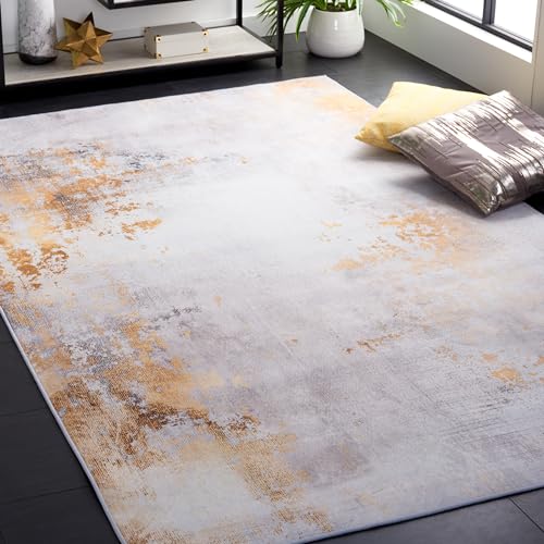 Safavieh Abstract Rug Ideal for High Traffic Areas - Machine Washable and Non Slip - Tacoma Collection, Short Pile, in Grey and Gold, 183 X 183 cm