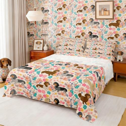 Erosebridal Dachshund Decor Sheet Set Pink Floral Puppy Bed Sheets Dachshund Gifts for Women Girls,Lovely Pup Dog Flowers Fitted Sheet Dog Lover Bed Cover Queen,Cute Pet Doggy Animal Room Decor