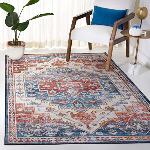 Safavieh Traditional Rug Ideal for High Traffic Areas - Machine Washable and Non Slip - Tucson Collection, Short Pile, in Blue and Red, 122 X 183 cm