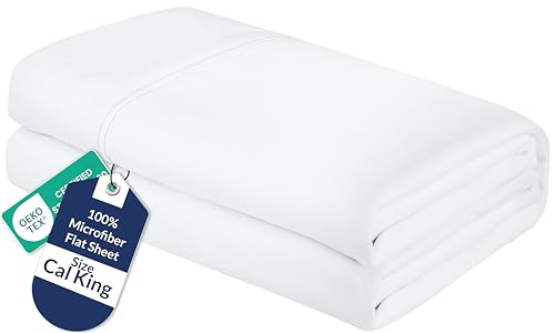 Royale Linens California King Flat Sheet - Ultra Soft Brushed 1800 Microfiber Flat Sheets Only - Wrinkle Free & Stain Resistant - Hotel Quality Top Sheet for Bed (King Cal, White)
