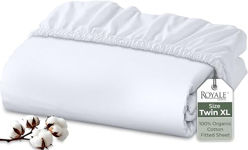 "Royale Linens 100% Organic Cotton Fitted Sheet - Percale Weave - Super Soft Deep Pocket Bottom Sheets - White Elastic Sheet Twin XL Size - Twin XL Fitted Sheets Only - (39""x80""+15"", White)"