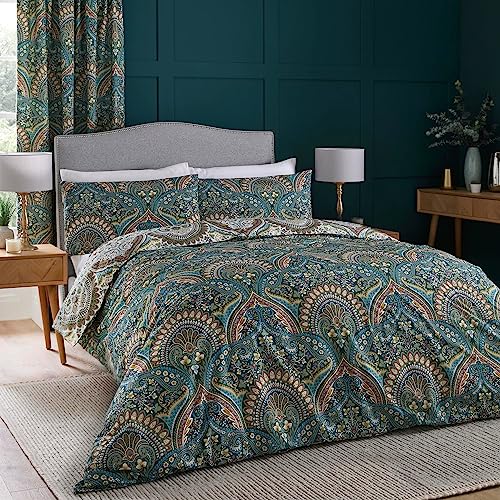 Dreams & Drapes - Teal Jacobean Duvet Cover - Super King Bedding Size (260 x 220cm) - Reversible Designs - 2x Pillowcases - Moroccan Bohemian Bedding in Blue - Exotic Persian Duvet Cover - Boho Bed