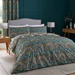 Dreams & Drapes - Teal Jacobean Duvet Cover - Super King Bedding Size (260 x 220cm) - Reversible Designs - 2x Pillowcases - Moroccan Bohemian Bedding in Blue - Exotic Persian Duvet Cover - Boho Bed