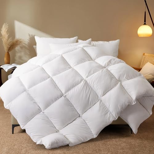 WhatsBedding 100% Cotton Cover White Goose Duck Down And Feather Comforter,Hypoallergenic. All Season Duvet Insert or Stand-Alone Comforter (King)