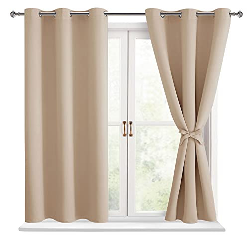 Hiasan Blackout Curtains for Bedroom - Thermal Insulated & Light Blocking Window Curtains for Living Room/Kids Room, 2 Drape Panels Sewn with Tiebacks, Beige, 42 x 45 Inch