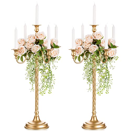 Sziqiqi 20In Gold Candelabra Tall Taper Candlestick for Candle and Floral Metal Candle Holders Table Centerpiece for Wedding Party Event Room