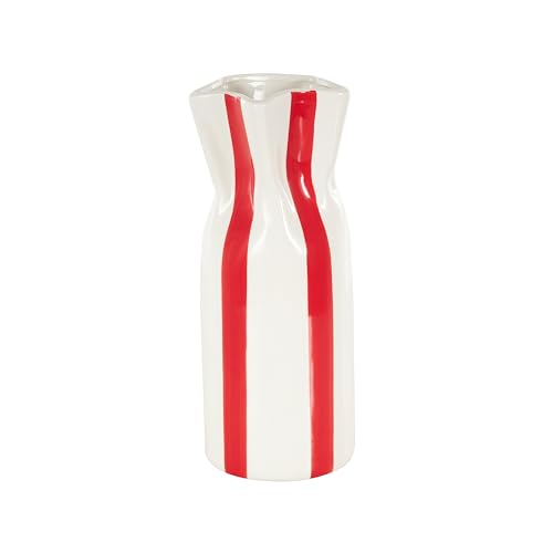 "Deco 79 Ceramic Decorative Vase Round Centerpiece Vase with Red Vertical Stripes, Flower Vase for Home Decoration 5"" x 5"" x 12"", White"