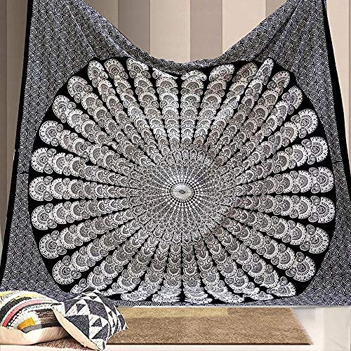 Bless International Indian hippie Bohemian Psychedelic Peacock Mandala Wall hanging Bedding Tapestry (Black White, King (88x104Inches)(225x265Cms))