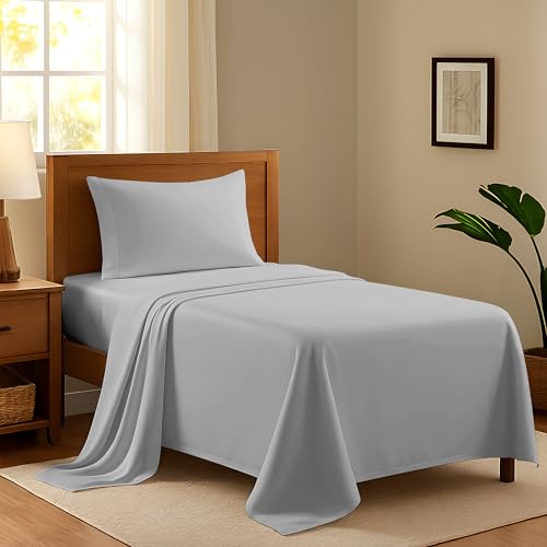 Ashton Sheets 100% Egyptian Cotton Twin Bed Sheets Set - 600 Thread Count Egyptian Cotton Sheets for Twin Size Bed, Soft, Cooling Deep Pocket Hotel-Quality Sateen Bedding for Dorm Room (3 Pc, Silver)