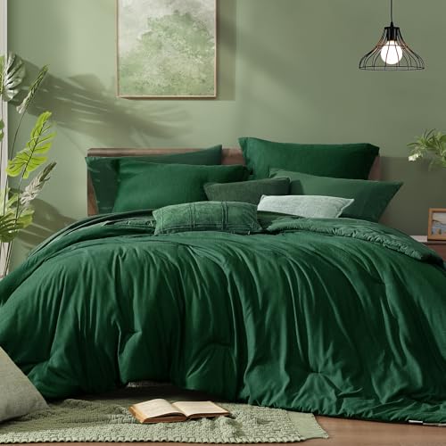 Monbix King Size Comforter Set 7 Pieces Emerald Green Bed in a Bag - Cationic Dyeing Reversible All Season Bedding Sets with Comforter, Sheets, Pillowcases & Shams