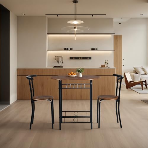 FurnitureR 3-Piece Wooden Round Table & Chair Set, Space Saving Kitchen Breakfast Nook Wood Grain Tabletop with Metal Frame and Built-in Wine Rack for Kitchen, Dining Room (Brown/Black)