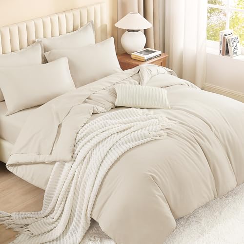 Litanika Super King Plus Comforter with Sheets Beige - 7 Pcs Bed in a Bag - Oversized Alaskan King Fluffy Lightweight Soft Warm Down Alternative Solid All Season Bedding Set