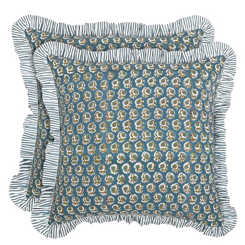 "Ridhi Block Print Peacock Blue Throw Pillow Cover 24"" x 24"" (Pack of 2) Decorative Cushion Covers with Ruffle for Couch, Sofa, Bed, Living Room, Home Decor Gift for Spring, Easter, Valentine"