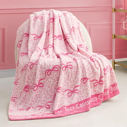 "Juicy Couture Iconic Leopard Bows 50"" x 70"" Plush Throw Blanket, Pink - Decorative Blankets for Sofas, Throws for Chairs, and Beds"
