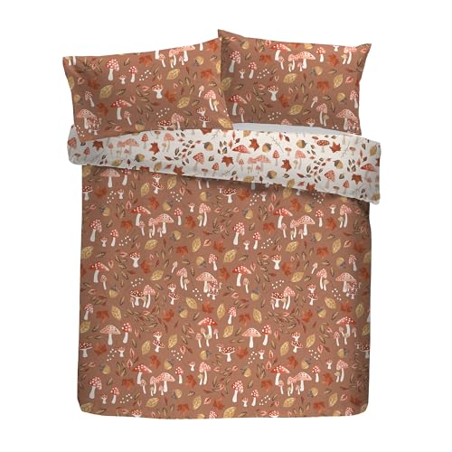Fusion Woodland Dreams Duvet Cover Set, 52% Recycled Polyester 48% Cotton, Single 140x200cm, Natural, Floral Pattern, Reversible, with Pillowcase, Orange