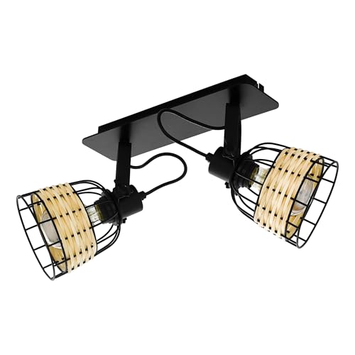 EGLO Anwick 1 Ceiling Light, 2-Bulb Ceiling Light, Vintage, Boho, Ceiling Spotlight Made of Steel and Rattan, Living Room Lamp in Black, Natural, Kitchen Lamp, Spotlights with E27 Socket